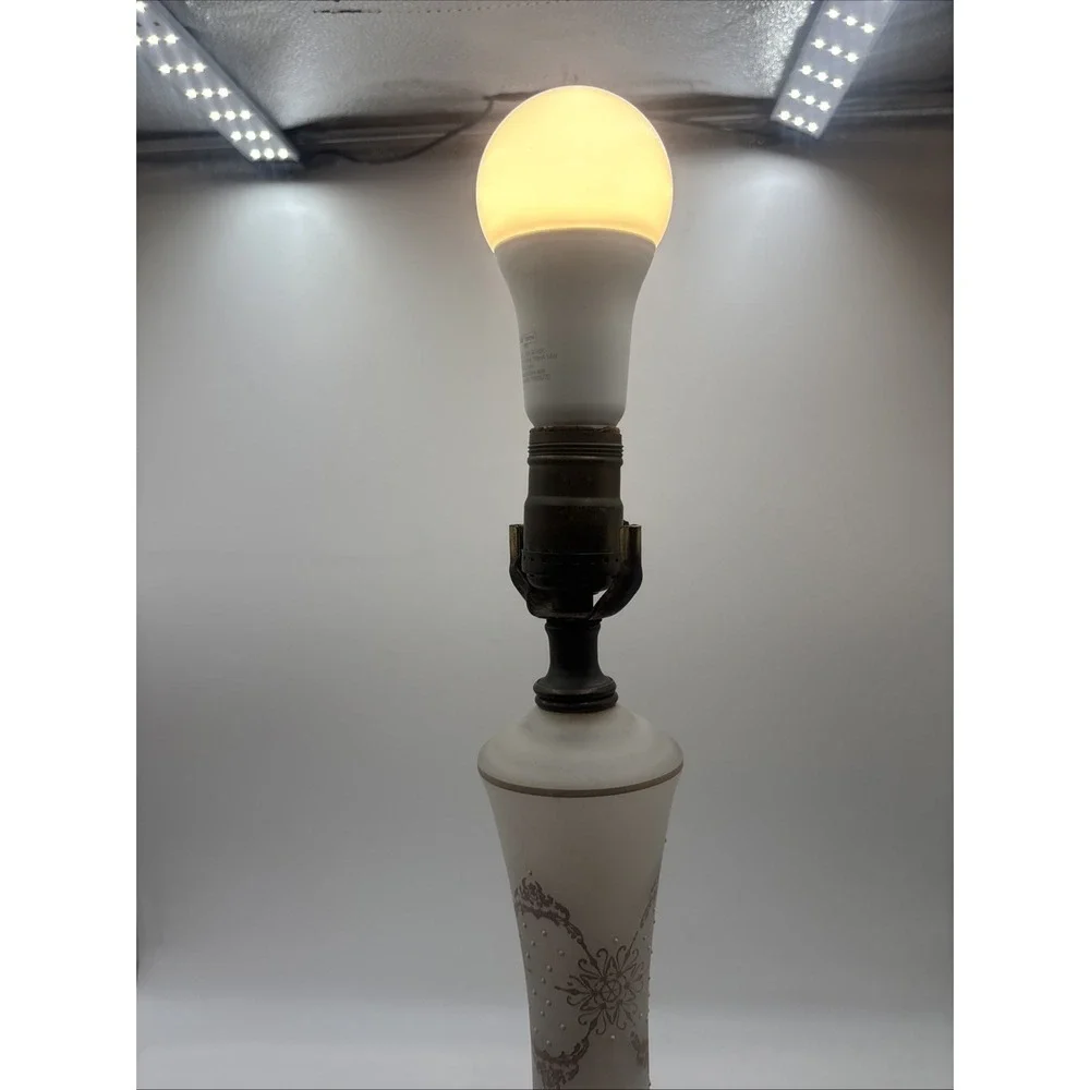 Vintage MCM Unique Retro White & Gold Glass Lamp Boho 70s